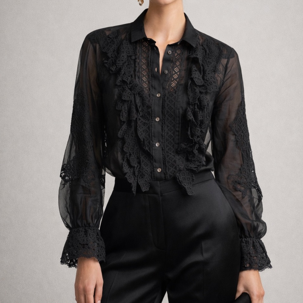 Oscar de la Renta Vintage Silk Organza Lace Blouse Black Sheer Ruffle Top sz 4 - Picture 4 of 10